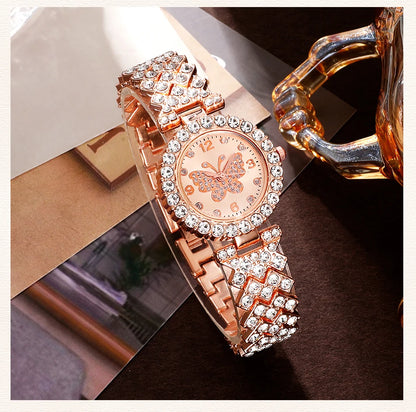 6pcs Jewelry Set Rose Gold Luxury Watch Women Ring Necklace Earring Rhinestone Fashion Wristwatch Casual Ladies Watches