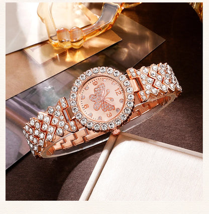 6pcs Jewelry Set Rose Gold Luxury Watch Women Ring Necklace Earring Rhinestone Fashion Wristwatch Casual Ladies Watches