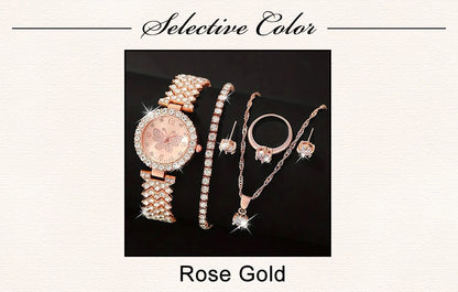 6pcs Jewelry Set Rose Gold Luxury Watch Women Ring Necklace Earring Rhinestone Fashion Wristwatch Casual Ladies Watches