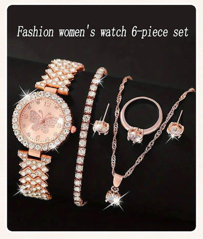 6pcs Jewelry Set Rose Gold Luxury Watch Women Ring Necklace Earring Rhinestone Fashion Wristwatch Casual Ladies Watches