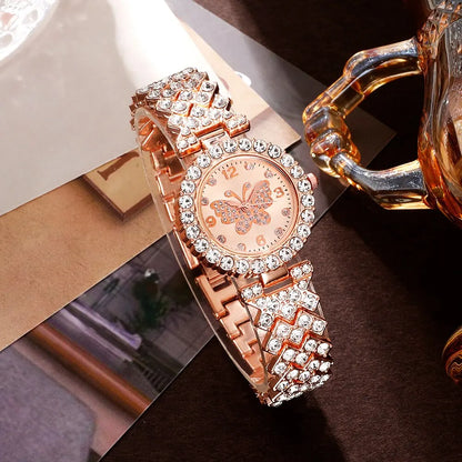 6pcs Jewelry Set Rose Gold Luxury Watch Women Ring Necklace Earring Rhinestone Fashion Wristwatch Casual Ladies Watches