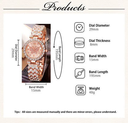 6pcs Jewelry Set Rose Gold Luxury Watch Women Ring Necklace Earring Rhinestone Fashion Wristwatch Casual Ladies Watches