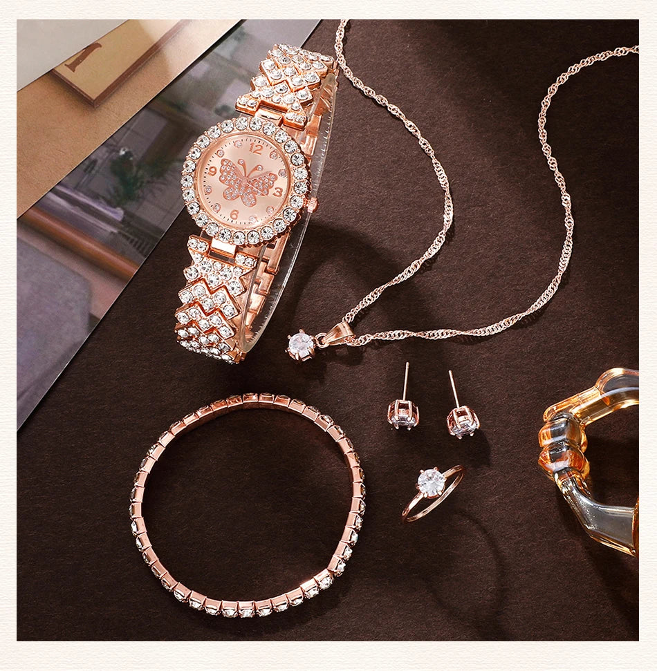 6pcs Jewelry Set Rose Gold Luxury Watch Women Ring Necklace Earring Rhinestone Fashion Wristwatch Casual Ladies Watches